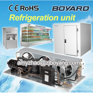 Supermarket showcase refrigerator and display showcase freezer with horizontal compressor refrigeration condensing units